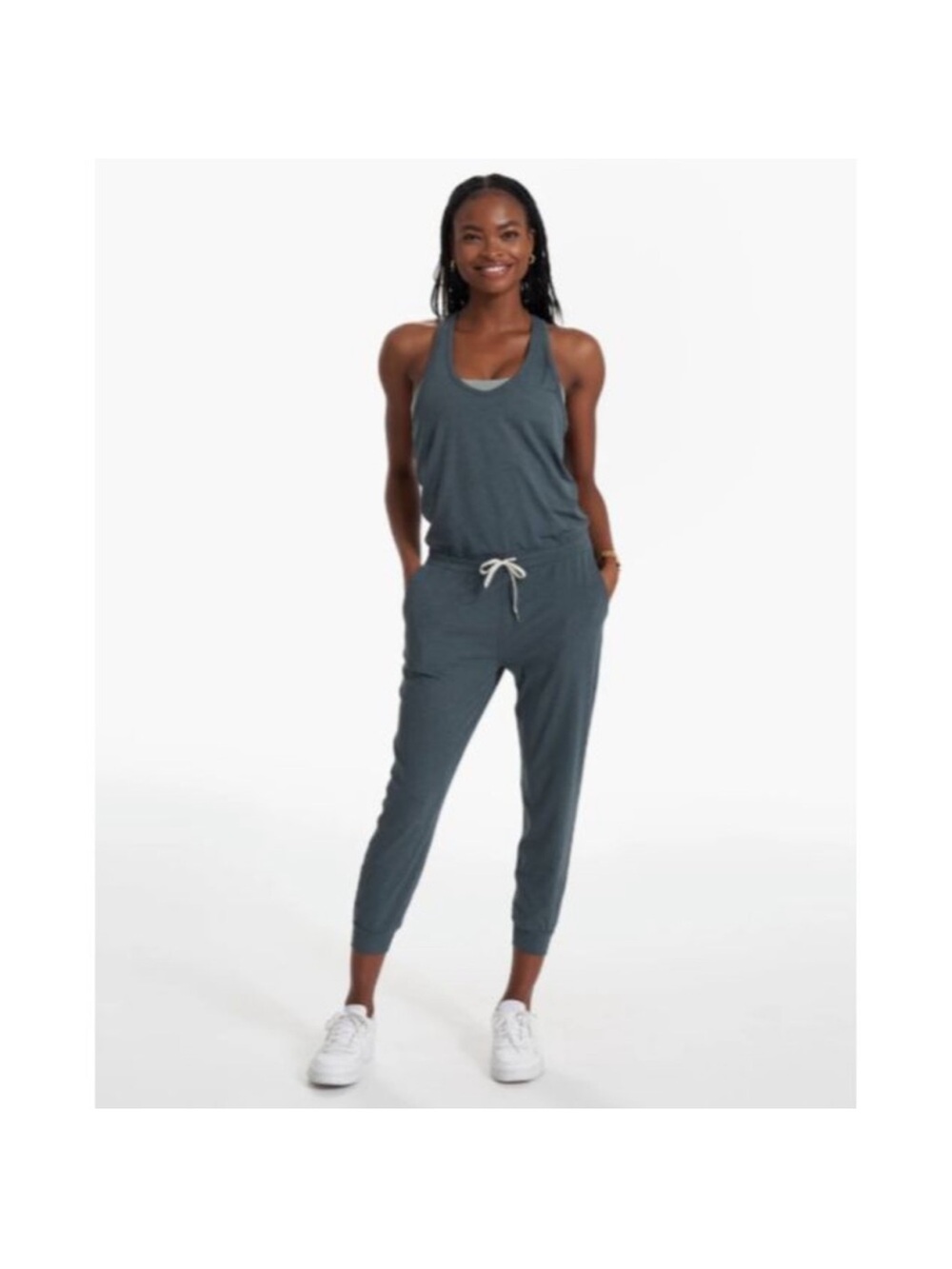 Vuori womens lux jumpsuit racerback drawstring stone heather